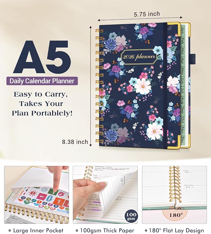 2026 Planner, Hardcover Weekly and Monthly Planner for Women, January 2026 - December 2026, Spiral Yearly Agenda Organizer Book 2026 with Tabs, Daily Calendar Planners for School Work Home, A5 (5.75" x 8.38"), Vintage Flower