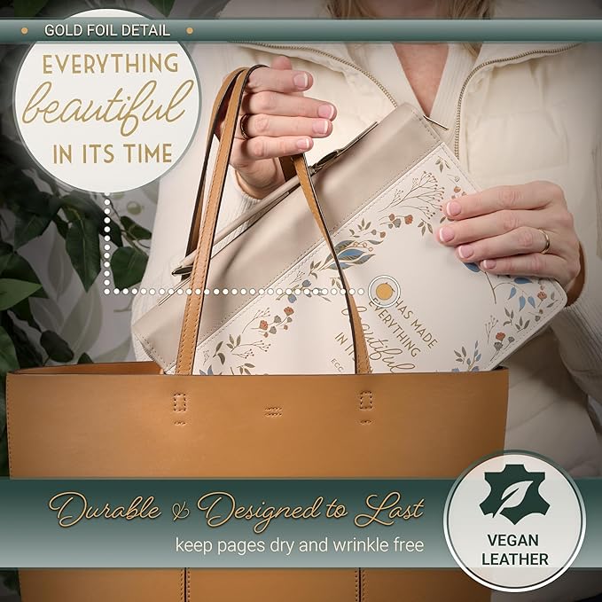 Christian Art Gifts Fashion Premium Vegan Leather Inspirational Bible Cover for Women: Everything Beautiful Encouraging Golden Bible Verse, Pen Loops, Pockets, Taupe & White Multicolor Floral, Medium