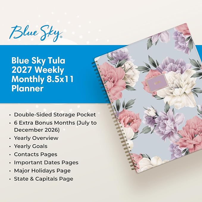 Blue Sky 2027 Weekly and Monthly Planner Calendar, January 2027 - December 2027, 8.5" x 11", Flexible Cover, Laminated Tabs, Durable Twin Wire Binding, Storage Pocket, Tula