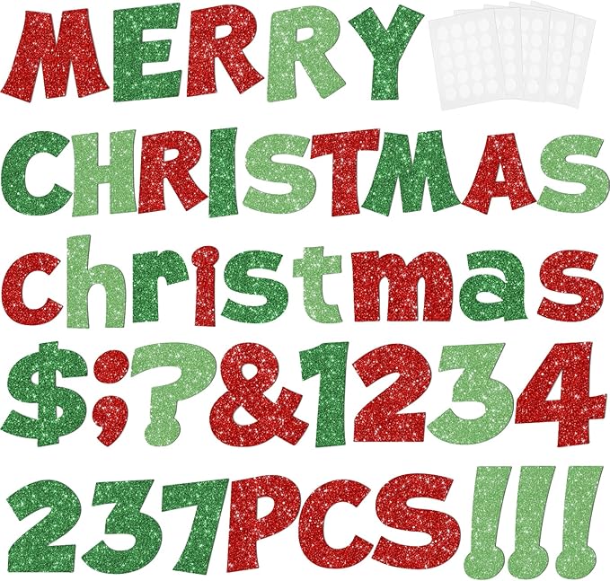 237 Pcs Christmas Glitter Bulletin Board Letters Decorations, Numbers and Punctuation 4 Inch, Alphabet Cut Out Cardboard Letters for Poster Bulletin Board Accessories for Display Decorating Supplies