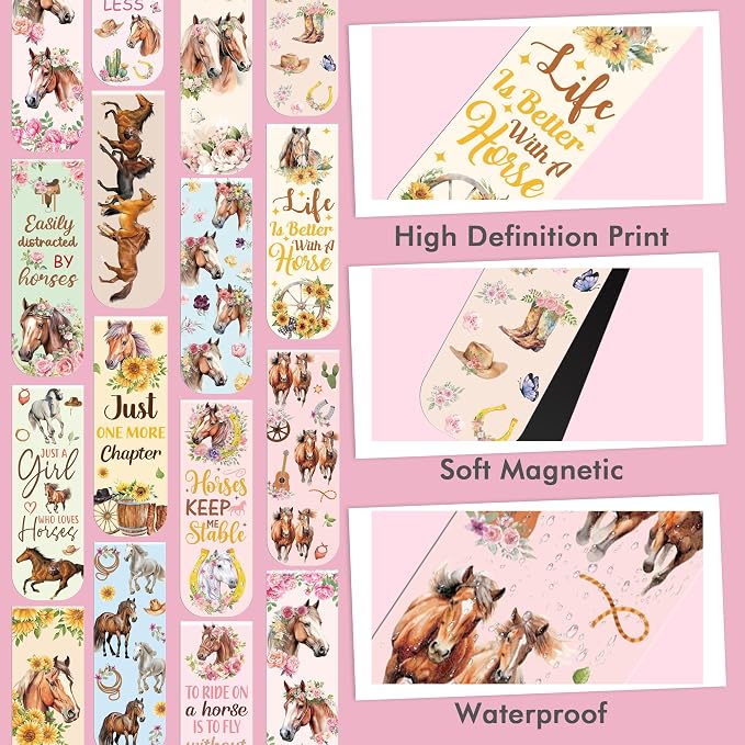 Horse Flower Book Magnetic Bookmarks: 30 PCS Watercolor Western Style Floral Bookmarks, Cute Animals Book Mark Clips for Reading, Gifts for Women Kids Girls Boys Book Lovers, School Office Supplies