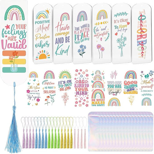 Dazoratix Acrylic Bookmark Making Kit - 60 Pcs Cute Clear Bookmarks Blanks Inspirational Reading Accessories Colorful Floral UV DTF Valentines Stickers Tags for Women Kids Book Lovers DIY Craft Gifts
