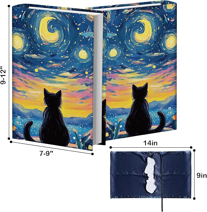 Anseal 1 Pack Starry Night Black Cat Stretchable Book Sleeve Cover for Hardcovers Textbooks up to 9” x 12”, Washable Reusable Book Protector with 2 Labels