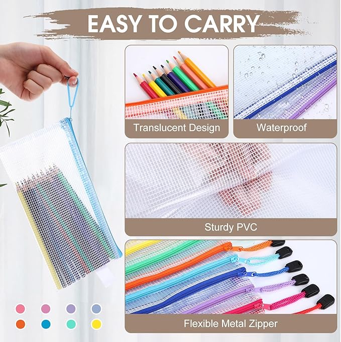 Kisston 150 Pcs Mesh Zipper Pouch Bags Bulk, 8 Sizes Plastic Zipper Bags, 8 Colors Waterproof File Pouches for Organization, Multipurpose Travel Pouches for Travel, Office, Board Game