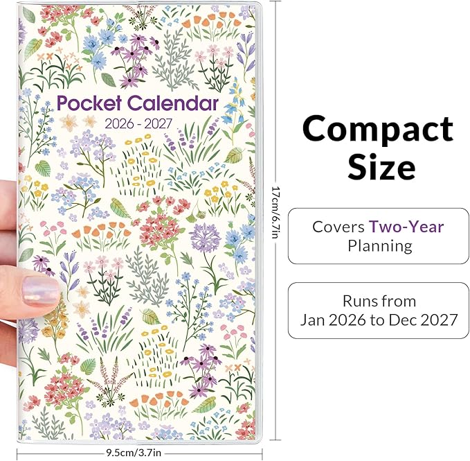 Phyxin Pocket Calendar 2026-2027, Small Calendar 2026 - Runs From Jan 2026 to Dec 2027, Pocket Planner-3.7" x 6.7" with PVC Cover, Pocket Calendar for School, Home and Office Supplies, Purple Flowers