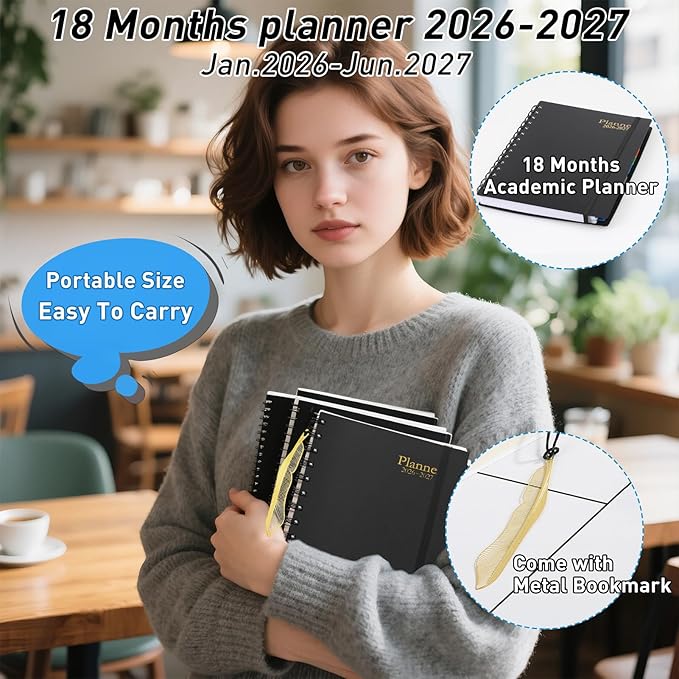 2026 Weekly and Monthly Planner Calendar - from January 2026 - June 2027, 5.7" x 8.3" Daily Agenda Planner with 18 Monthly Laminated Tabs, Flexible Cover, Note Pages, Bookmark, Wirebound, Black