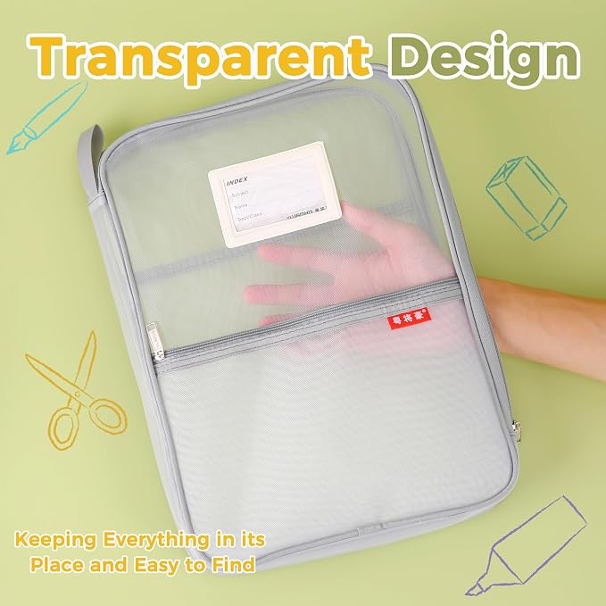 Pendancy Mesh Zipper Pouch 14.8x10.8 in Transparent Lightweight Nylon File Folders, A4 Size Multi-layer Subject Document Organizer Accessories Storage bag for Office and School Supplies(Gray)