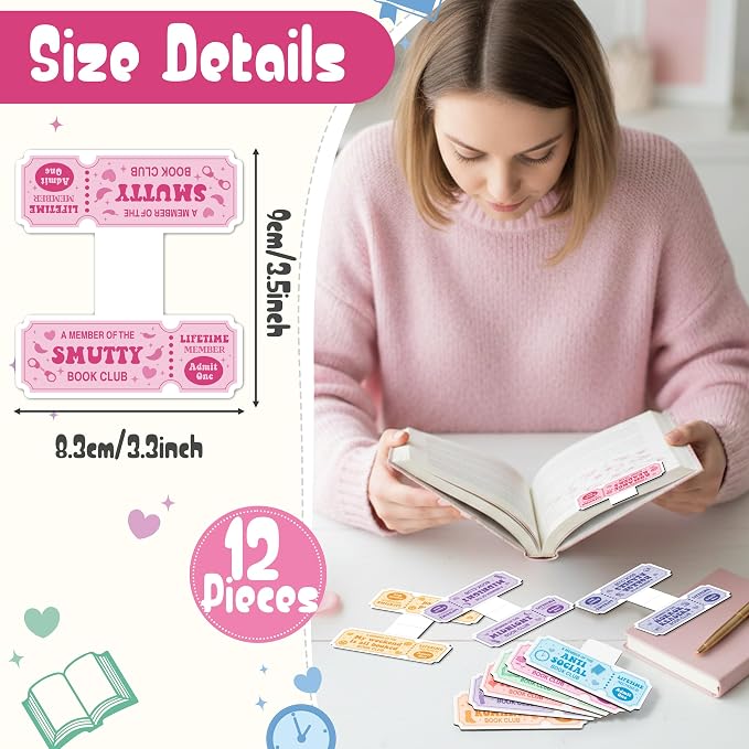 Laffact Colorful Book Club Magnetic Bookmarks - 12Pcs Funny Ticket Style Reading Tracker, Cowboy Romance Dark Romance Designed Page Marker, Readers Accessory Bookish Gift for Book Lover Birthday Party