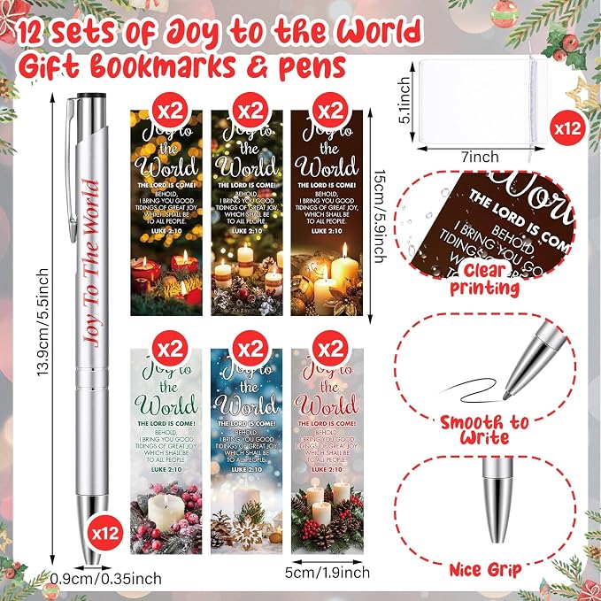 Dispowreath 24 Pcs/12 Sets Christmas Joy to the World Gift, Include 12 Xmas Luke 2: 10 Bookmark 12 Bible Verse Ballpoint Pen for Christmas Church Prizes Party Favors