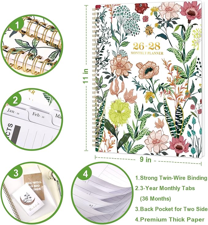 2026-2028 Monthly Planner/Calendar - 3 Year Monthly Planner 2026-2028, Jan. 2026 - Dec. 2028, 9" × 11" Calendar Planner 36-Month with Tabs, Twin-Wire Binding, Two-Side Pocket, Celebrity Quotes ＆ Notes