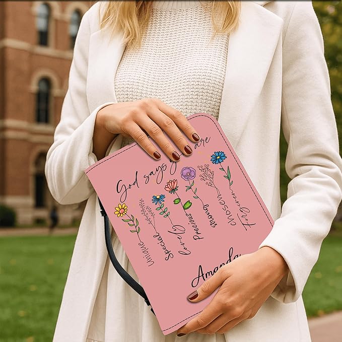 Custom Leather Bible Cover with Name – Personalized Bible Case for Women, Zippered with Handle, Bookmark & Storage Pockets, Christian Gift for Mom, Daughter, Grandma (God Says You are, M-2XL)