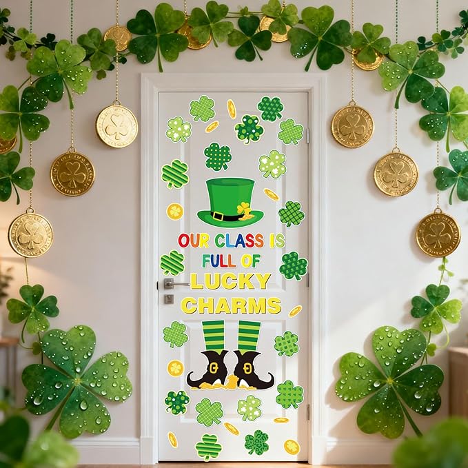 FYSUIMU St. Patrick' s Day Classroom Door Decoration Bulletin Board Set Lucky Clover Shamrock Gold Coin Paper Cutouts for School Classroom Chalkboard Wall Door Welcome Decor