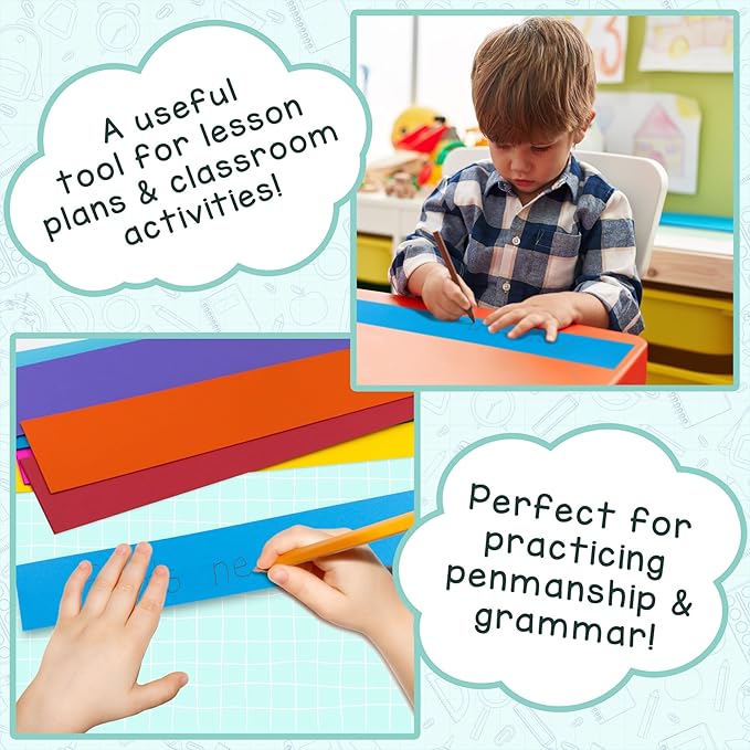 Hygloss Unruled Sentence 3" x 23" Text Weight Paper 10 Assorted Colors, Ideal Teacher Supplies for Classroom-Pack of 100 Strips