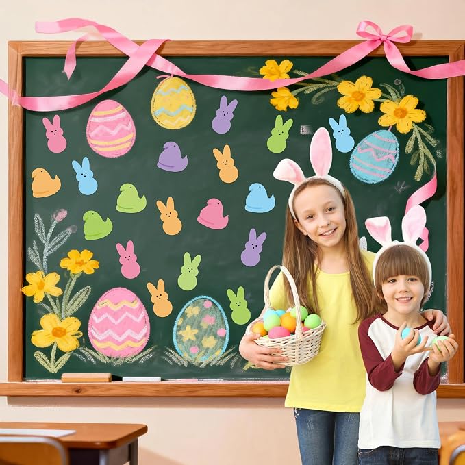 Yopyame Easter Bulletin Board Cutouts - 78pcs Easter Bunny Peeps Rabbit Chick Cutouts Paper Cutting Bulletin Board Decor Bunny Chick Name Tags Cutout Classroom Wall Decor for Kindergarten Preschool