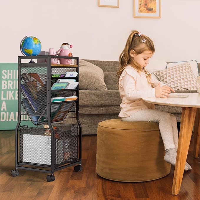 DAOUTIME 8 Tier Rolling File Cart with Hanging File Folder Organizer, Mobile File Organizer with 2 Sides Access Bookcase, Beside/Under Desk Cart with Wheels for Office Home School