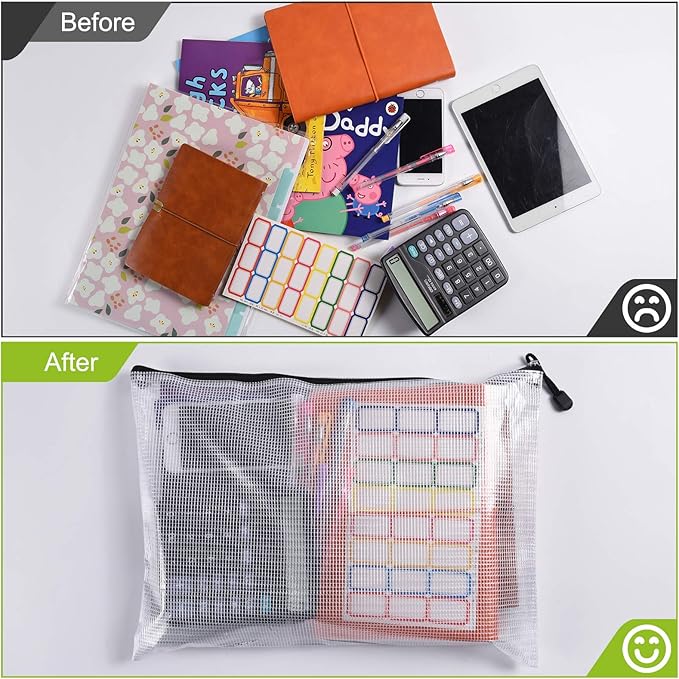 Mesh Zipper Pouch, 6PCS Waterproof Plastic Mesh ZipperBag, A4 Size Tear-Resistant Document Pouch, Extra Large Zip File Bags, for School Office Supplies Home Travel Storage(13.5×9.5 Inch)