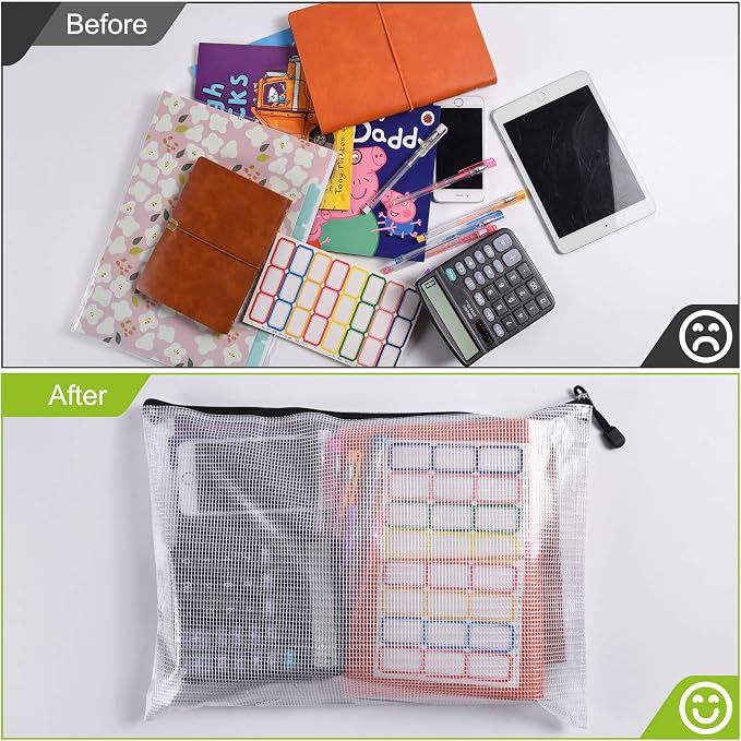 Mesh Zipper Pouch, 6PCS Waterproof Plastic Mesh ZipperBag, A4 Size Tear-Resistant Document Pouch, Extra Large Zip File Bags, for School Office Supplies Home Travel Storage(13.5×9.5 Inch)