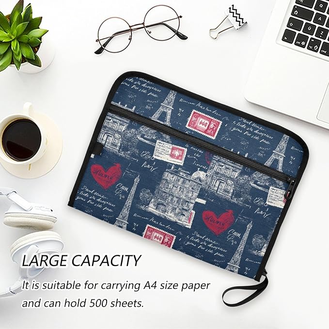 Vintage Paris Navy Blue Accordion File Organizer Expanding Document Folder with 13 Pockets Portable File Folder for A4 Letter Size
