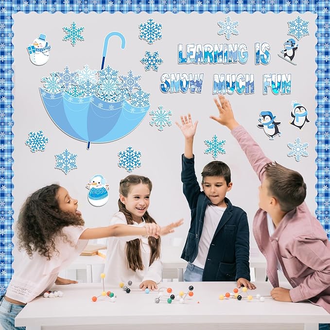 TaoBary 83 Pcs Winter Snowflake Bulletin Board Set Snowflake Penguin Snowman Umbrella Cutouts Learning is Snow Much Fun Bulletin Board Decorations for School Home Chalkboard Wall Decor