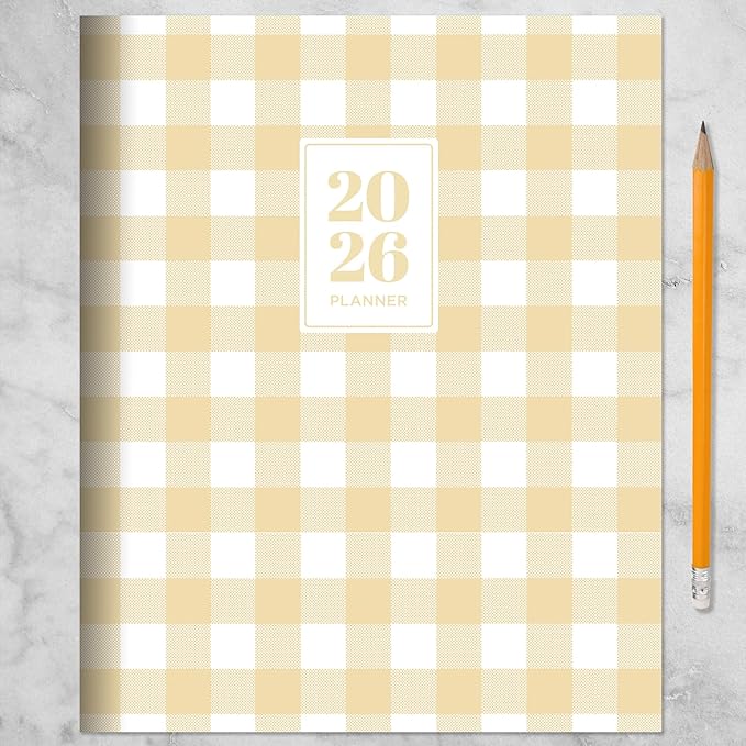 TF Publishing 2026 Gingham Wheat Medium Monthly Planner - 2 Page Spreads with Extra Large Calendar Grids and Planning Prompts - 12 Month Planner for School and Work - 6.5in x 8in