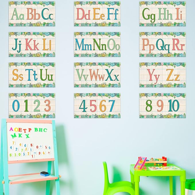 12 Pieces Alphabet Bulletin Board Strips Set Alphabet Line ABC Alphabet Banner & Number Border Posters for Preschool Kindergarten Classroom Playroom Bedroom (Succulent)