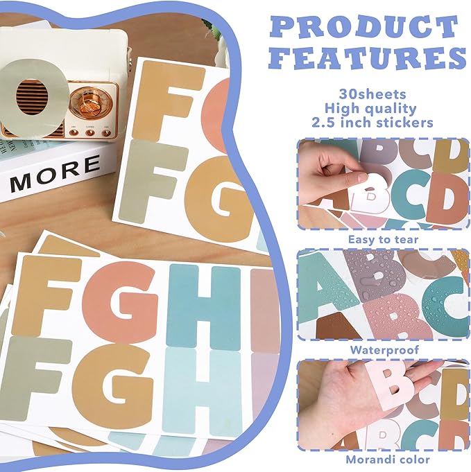 30 Sheets Letter Stickers 300 Pcs Large Bulletin Board Letters Set for Boho Classroom Decor,Vinyl Self Adhesive Alphabet ABC Stickers for Poster Board Mailbox Craft Home Door Wall Decor(2.5 Inch,Boho)