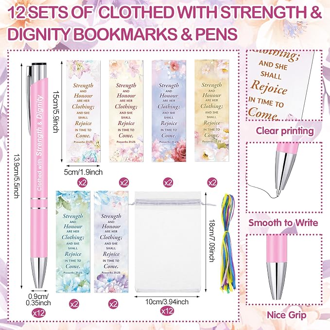 Dispowreath 24 Pcs/12 Sets She Is Clothed with Strength and Dignity Bookmark with Pen 12 Proverbs 31: 25 Bookmarks, 12 Inspirational Bible Verse Pen for Women Men Christian Gifts Church Party Supplies