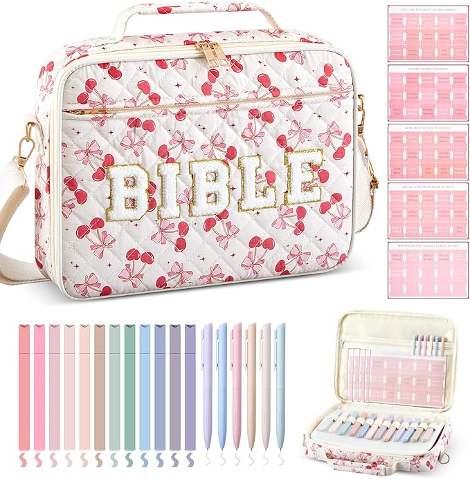 Sinload Quilted Bible Cover Case for Women 12 x 9 x 2.5 Inch Bible Chenille Letter Bag with Shoulder Strap Carrying Tabs 6 Colored Pens 12 Highlighters Christian Church Study Gifts(Pink,Cherry Bow,)