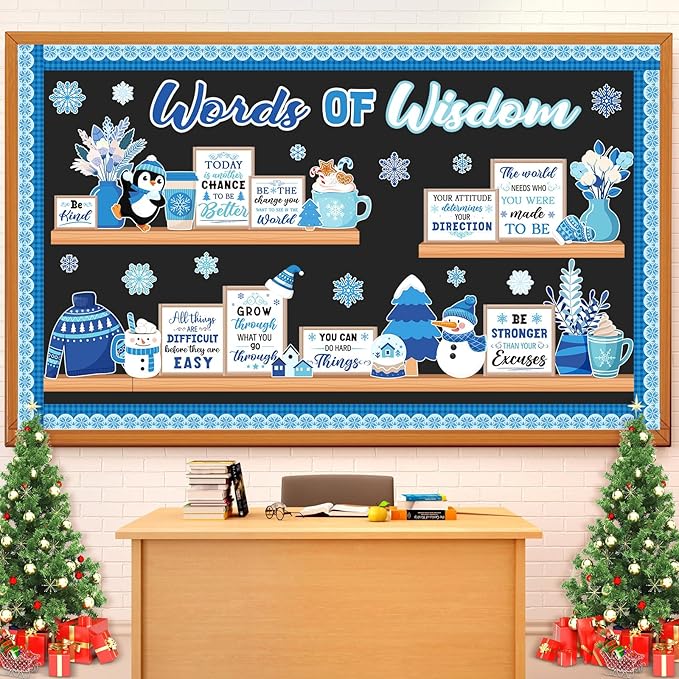Winter Bookshelf Bulletin Board Set Words of Wisdom Classroom Decorations Inspirational Winter Snowman Snowflake Paper Cutouts for Holiday School Classroom Decor