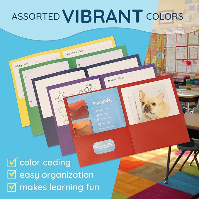 Blue Summit Supplies 50 Paper Two Pocket Folders Bulk, Designed for Office and Classroom Use, Assorted 5 Colors, 50 Pack Colored 2 Pocket Folders Bulk