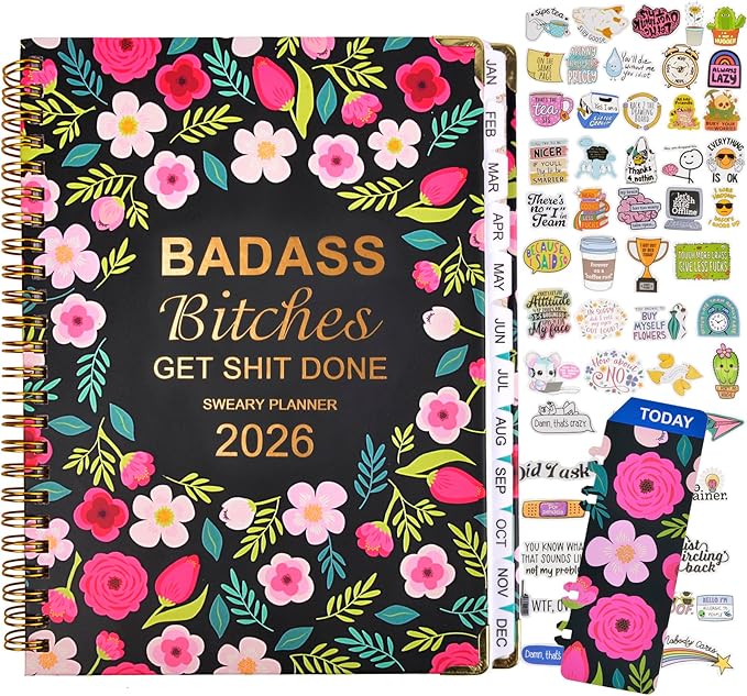 Badass Bitches Get Shit Done Sweary A5 Planner 2026-6.2 * 8.5" Weekly Monthly You Are A Badass Calendar for Women, Fuck It Swear Daily Notebook for Goals Productivity Journal Affirmations Gift, Black