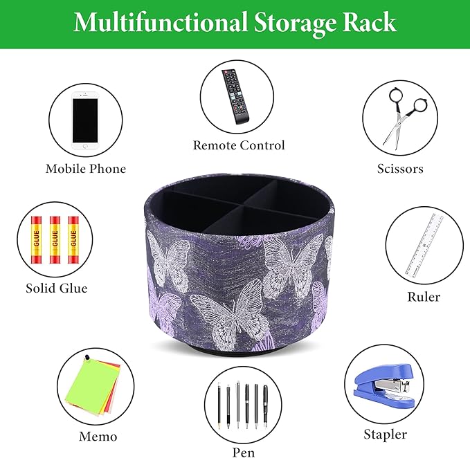 Round Leather Art Supply Organizer,Remote Control Holder,360-degree Rotating Pen Organizer with 4 Compartments(1-Butterfly Purple)