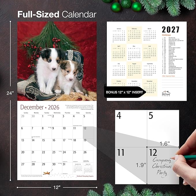 MICASA PRESS Shetland Sheepdog Puppies 2026 Wall Calendar 12 Month | 12" x 24" Open | Thick & Sturdy Paper | Giftable | Cute Sheltie Puppy Dog Calendar 2026