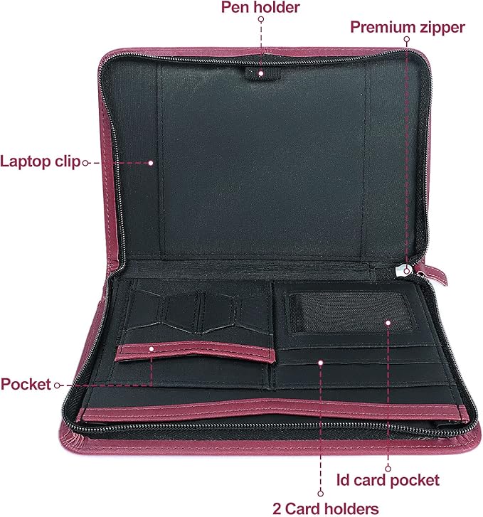 Godery Mini Leather Zippered Padfolio Portfolio Binder 5 x 8 Legal Writing Pad, Professional Business Portfolio for Men & Women, Card Holder, Notepad Clipboard Holder, Red