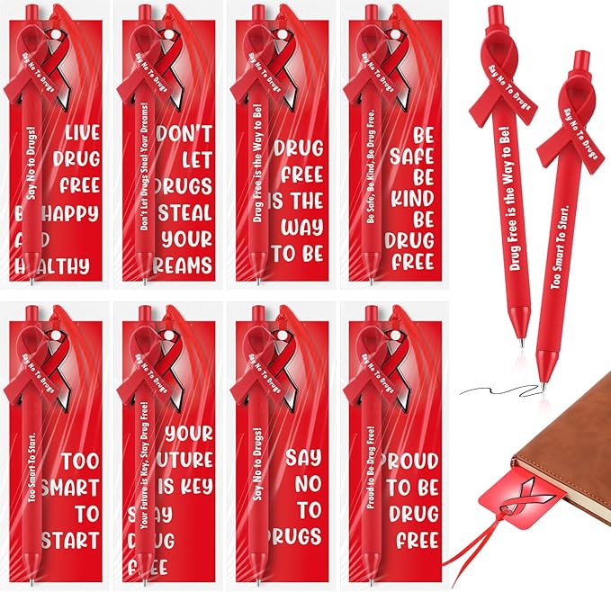 Eersida 48 Sets Red Ribbon Week Gift Supplies Say No to Drug Awareness Pens with Drug Free Bookmark Inspirational Red Ribbon Awareness Gift for Student School Charity Events Party Supplies