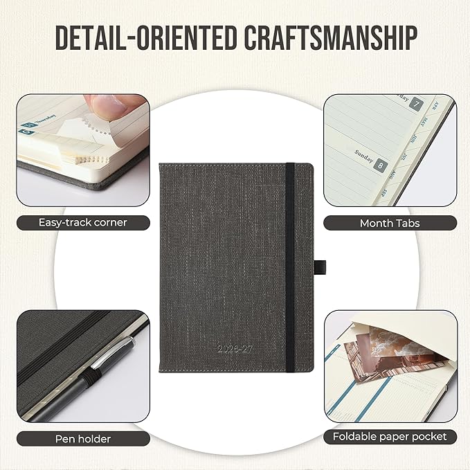 Planner 2026-2027 Weekly & Monthly Planner, 18 Month Academic Calendar July 2026 – Dec 2027, Horizontal Layout with Monthly Tabs, Textured Fabric Hardcover, Grey