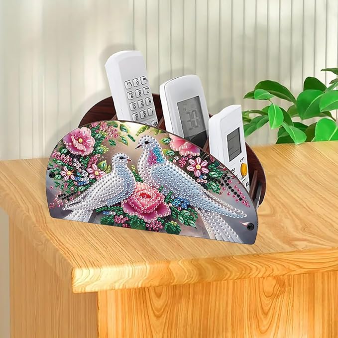 Remote Control Holder with 4 Compartments, DIY Diamond Art Painting Wooden Half Moon TV Control Holder for Remote Controllers, Office Supplies, Makeup Brush, Media Accessories-Pigeon-1