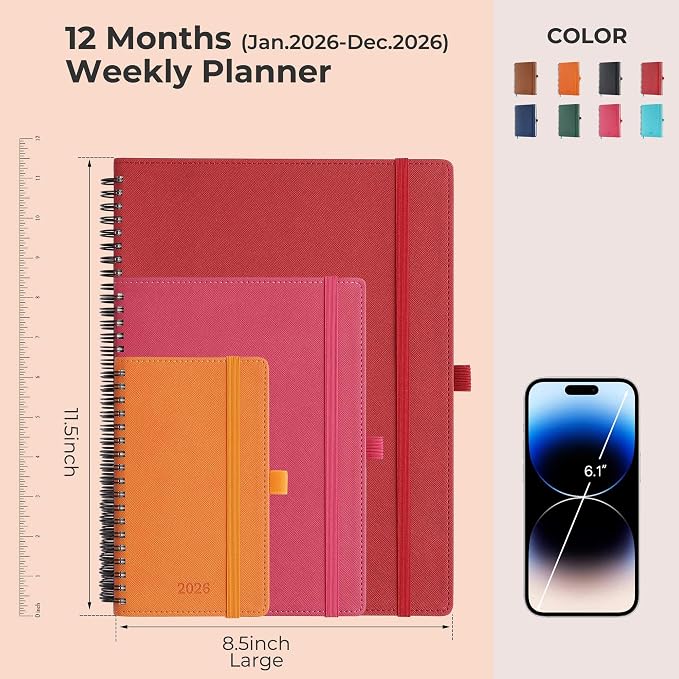 Planner 2026 Daily Weekly and Monthly,11.5"x8.5",12 Months Spiral Bound Calendar Agenda with Self-adhesive Pen Holder,2026 Appointment Book with Vegan Leather Soft Cover,Red
