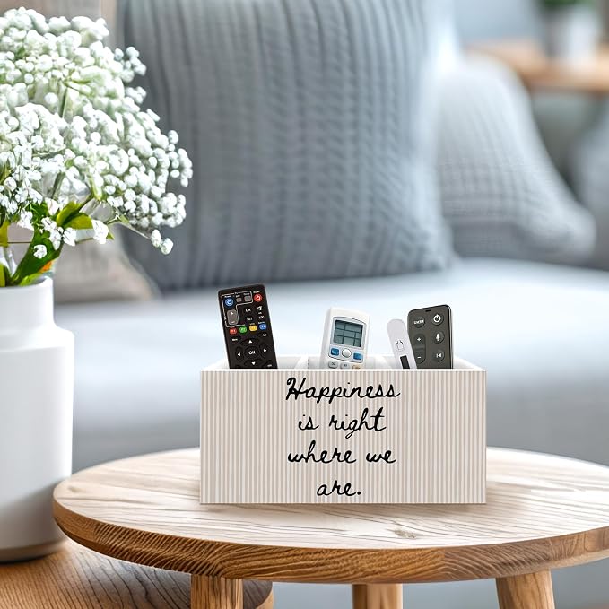 Motivational Pen Holder, Inspirational Office Pen Pencil Holder Organizer for Desk Accessories, Happiness Is Right Where We Are Striped Wooden Box Desk Decor for Home Office Desk Decorations
