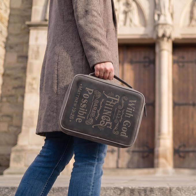 LEATHER VILLAGE Handmade Vintage Genuine Leather Embossed Bible Cover for Men & Women, Large Protective Bible Case & Organizer for Church, Travel & Study Christian Religious Antique Bookmark - Black
