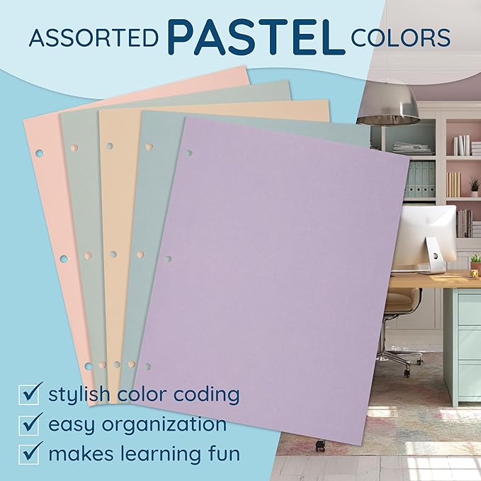 Blue Summit Pastel Colored Folders with Pockets, Paper Colored Pocket Folders, 3 Hole Punched, Two Pockets for Documents with Business Card Slot, Presentations and Classes, Assorted Colors, 50 Pack