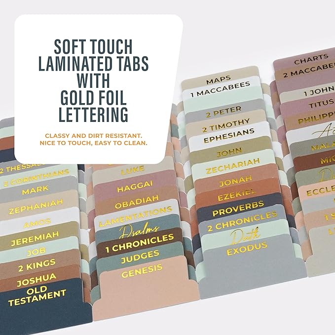 OFFILICIOUS Boho Bible Book Tabs – 100 Soft-Touch, Laminated Bible Tabs for Holy Bible – Durable Tabs for Bible – Protestant & Catholic Bible Tabs Large Print – Bible Tabs for Women