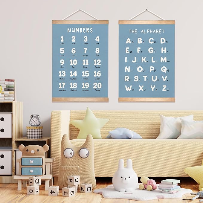 Alphabet and Numbers Educational Chart Set of 2 for Classroom Decor,Colorful Educational Poster for Toddlers 1-3,Toddler Learning Poster for Ages 3-5 for Nursery Playroom,Classroom Must Haves 18.5x14 Inch (Blue)