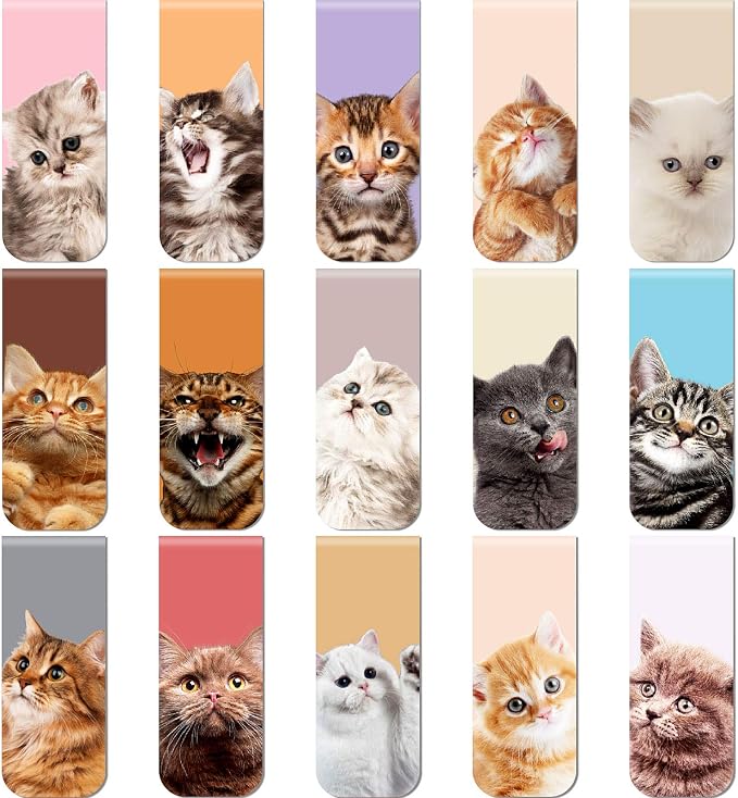 Zonon 30 Pieces Cats Magnetic Bookmarks Cute Cats Markers Pets Magnetic Page Clips Bookmark for Students Teachers School Home Office Reading Stationery, 15 Designs