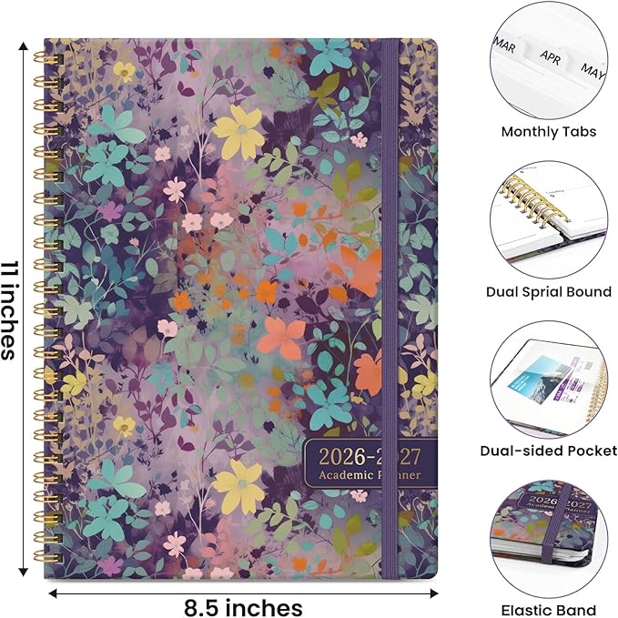 Planner 2026-2027, Monthly and Weekly Academic Planner July 2026 - June 2027, Hardcover Student Teacher Planning Agenda Calendar Book with Tabs, Perfect for Office School Supplies, A4 (8.5" x 11") - Lavendar Floral