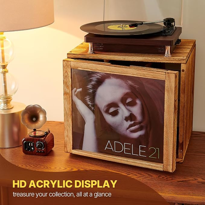 DGWJSU Vinyl Record Storage, Record Storage Box Holds 120 Records, Wooden Vinyl Holder Display Window(7″/10″/12″), Vinyl Storage For Music Corners, Display Collections, Home Theaters, Living Rooms