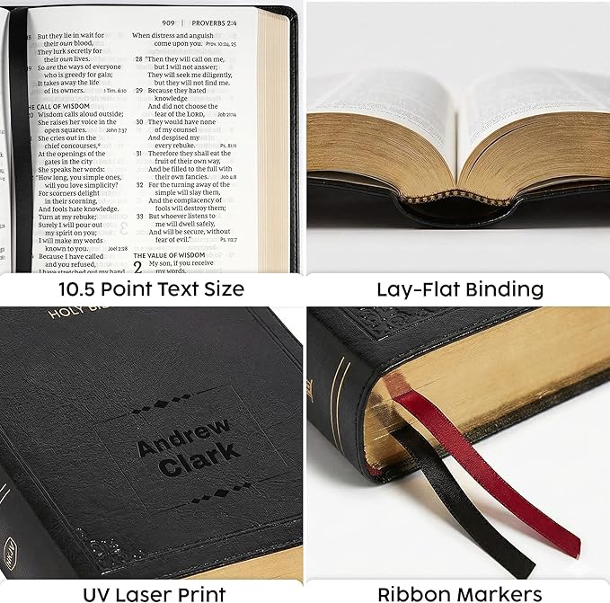 Personalized NKJV Reference Bible, Custom Name Text & Design, New King James Version, Large Print, Red Letter, Cross References, Faux Leather Black, Baptism Confirmation Gift