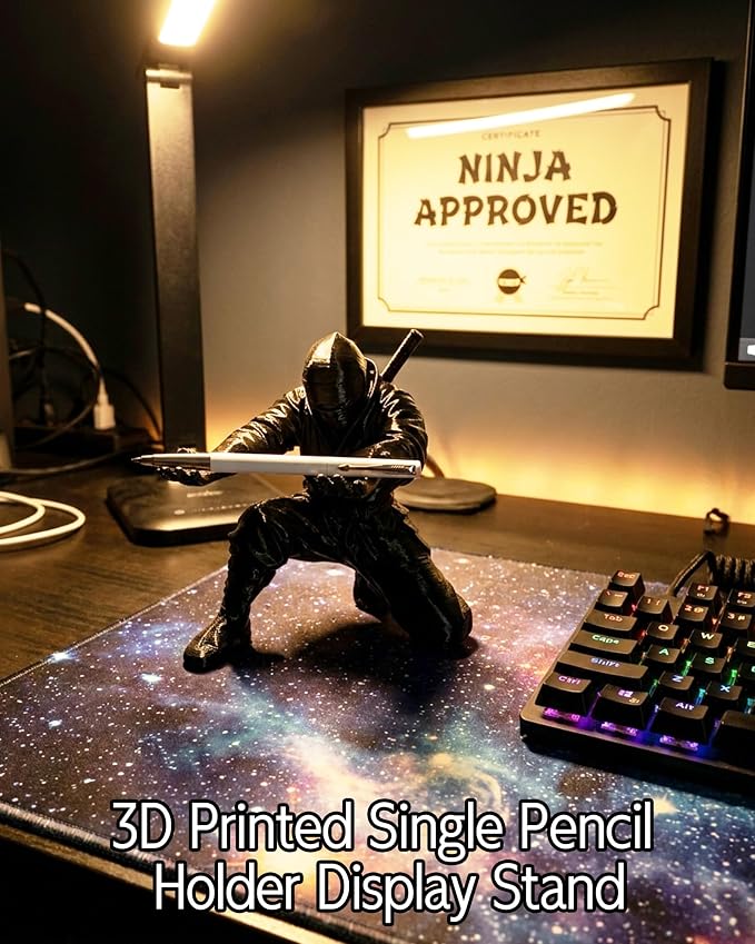 Ninja Pen Holder, 3D Printed Single Pencil Holder Display Stand, Cool Desk Organizers and Decor for Men, Birthday Gift, Father's Day, Office, Home (White)