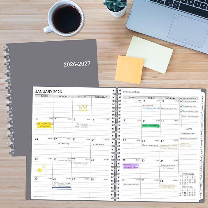 2026-2027 Monthly Planner, 2 Year Calendar Planner, Jan 2026 - Dec 2027, 8.5’’ x 11’’, Large Spiral Agenda, 24 Months, with Tabs ＆Pocket, Flexible Cover, Organizer for Office Home School, Grey