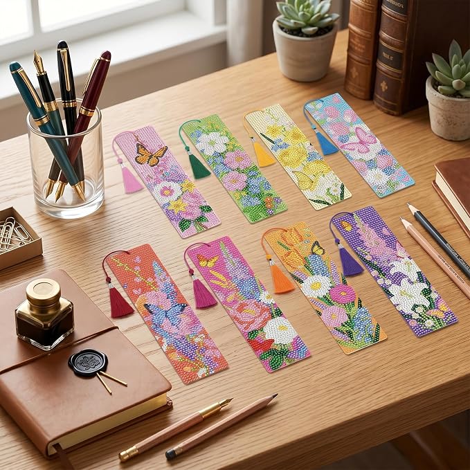 Diamond Art Painting Bookmarks - 8 PCS DIY Flower Butterfly Diamond Painting Kits for Adults Spring Art Craft Supplies Birthday Festival Gift for Beginners Book Lovers